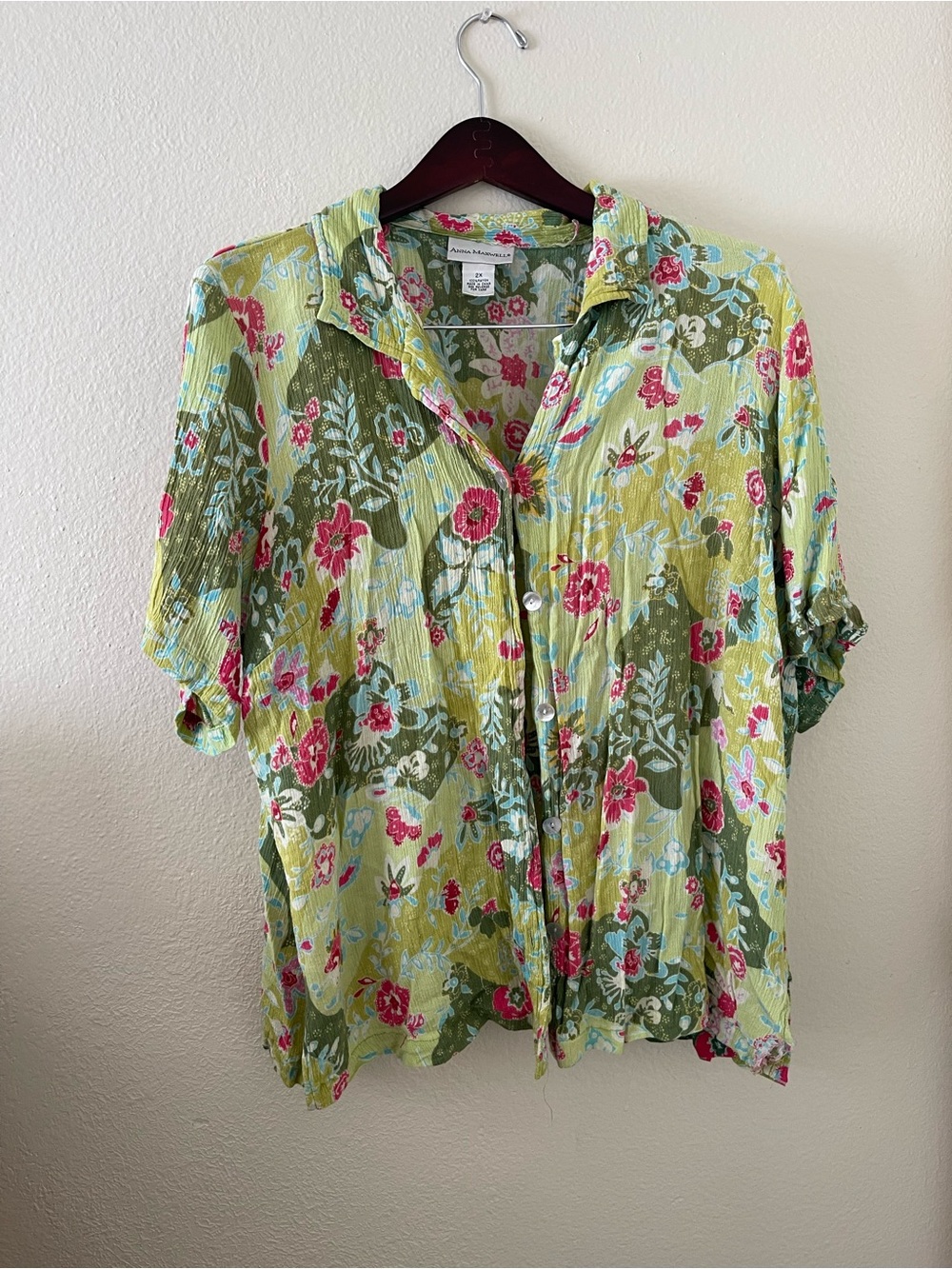 Vintage Lime Green Floral Button-Down Shirt with Pink Accents